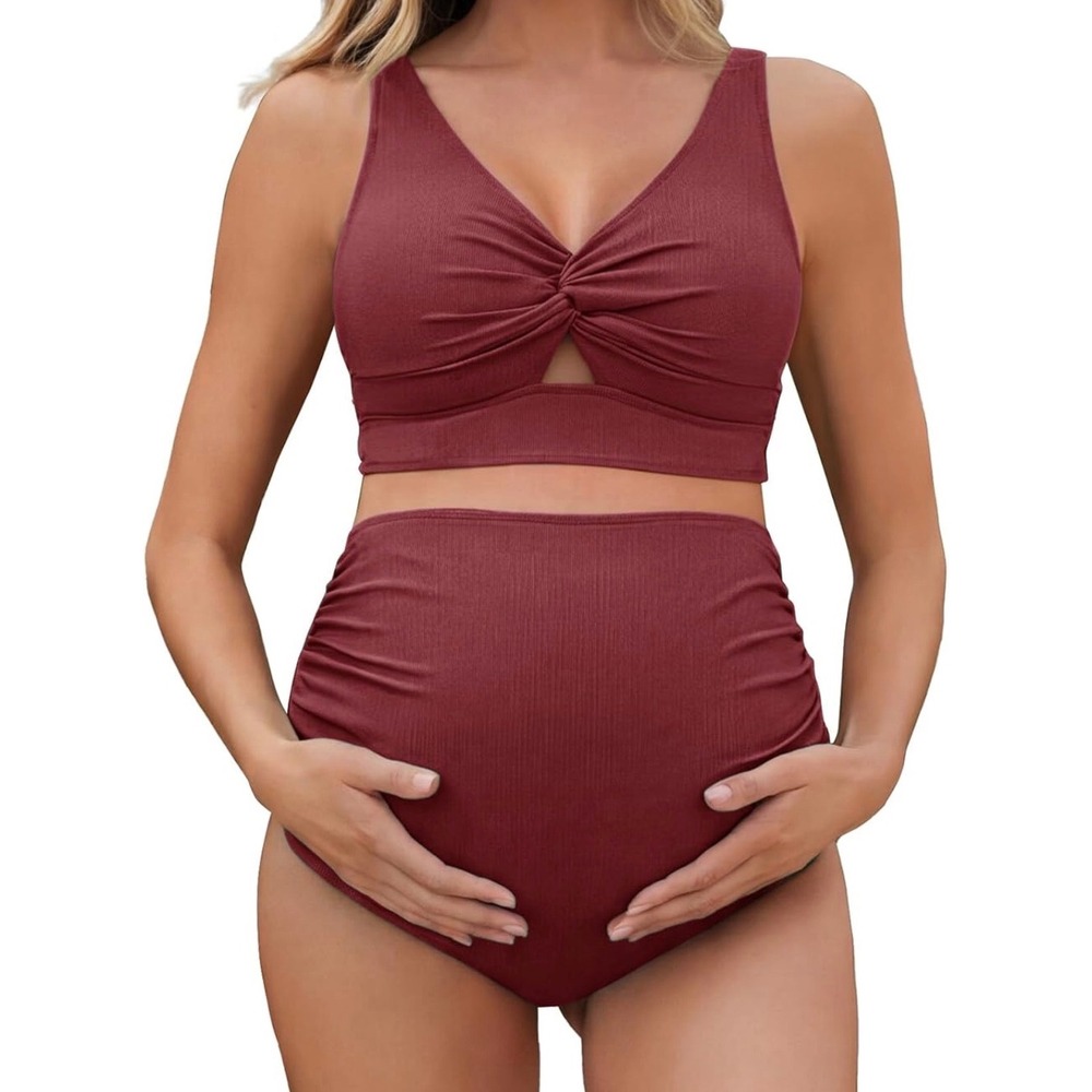 Charmo Womens Maternity‎ Ribbed Bikini Set Burgundy Wine UPF 50+ Size S New
